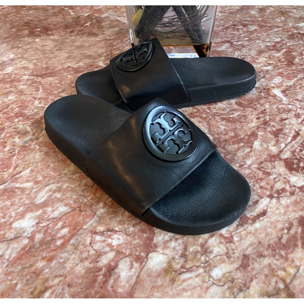Tory Burch Lina Women's Black Leather Logo Slide Sandals Size 8M EUC, $298